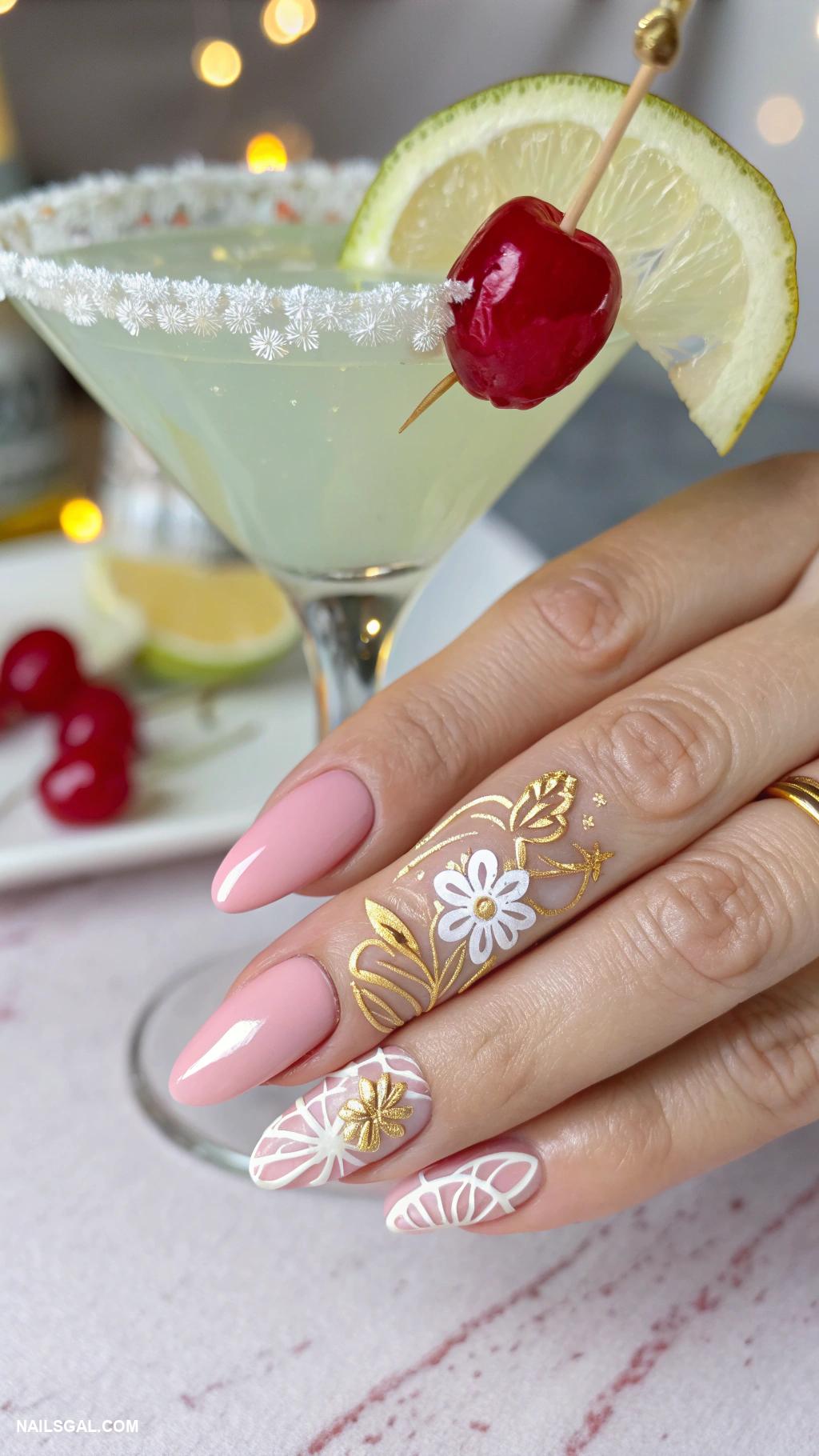 martini nails Floral patterns surrounding a martini image