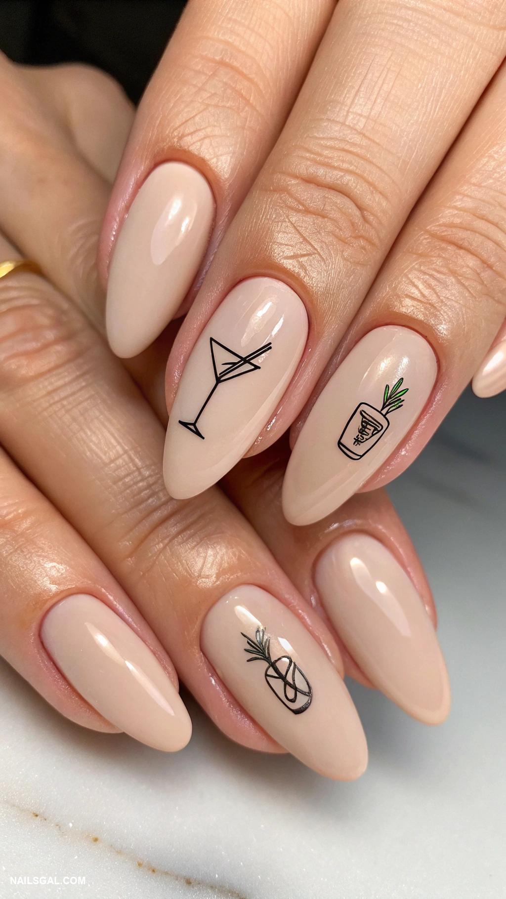 martini nails Minimalist martini silhouette on nude base