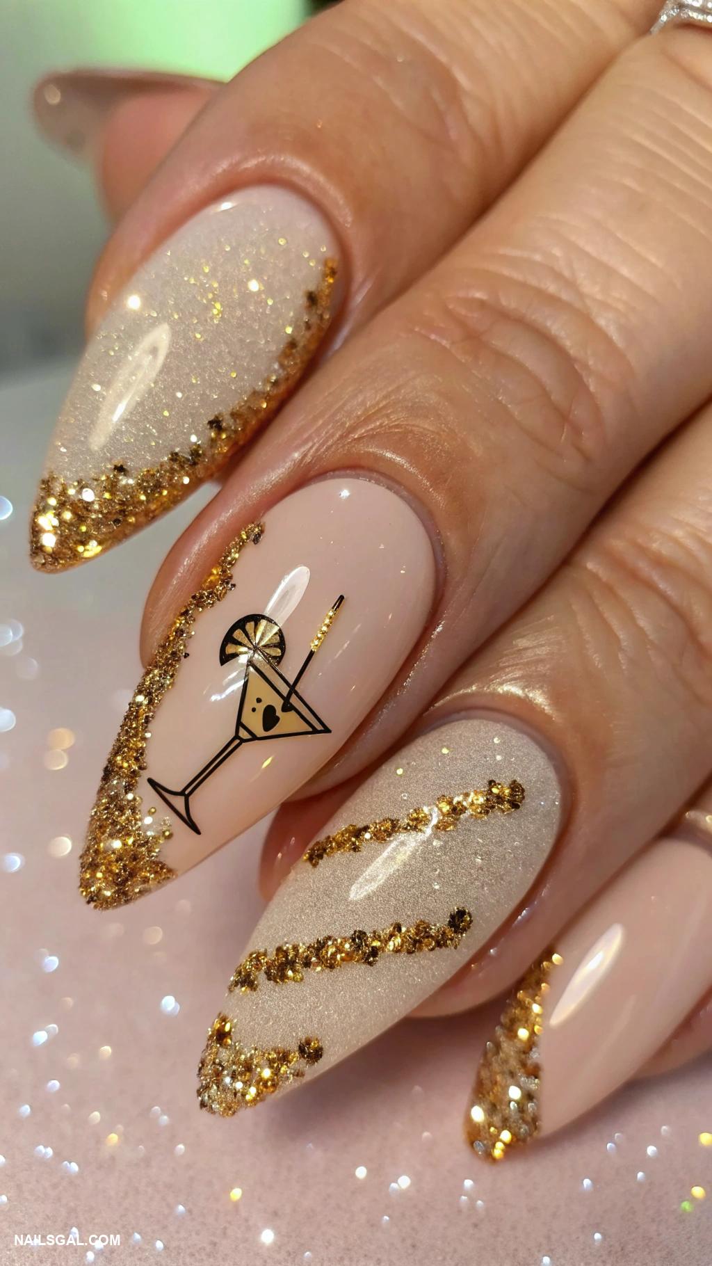 martini nails Sparkling glitter martini with gold accents