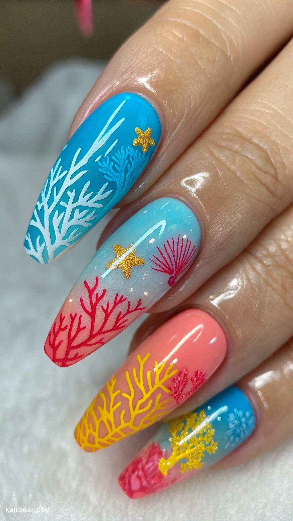 mermaid nails Coral reef inspired bright colors