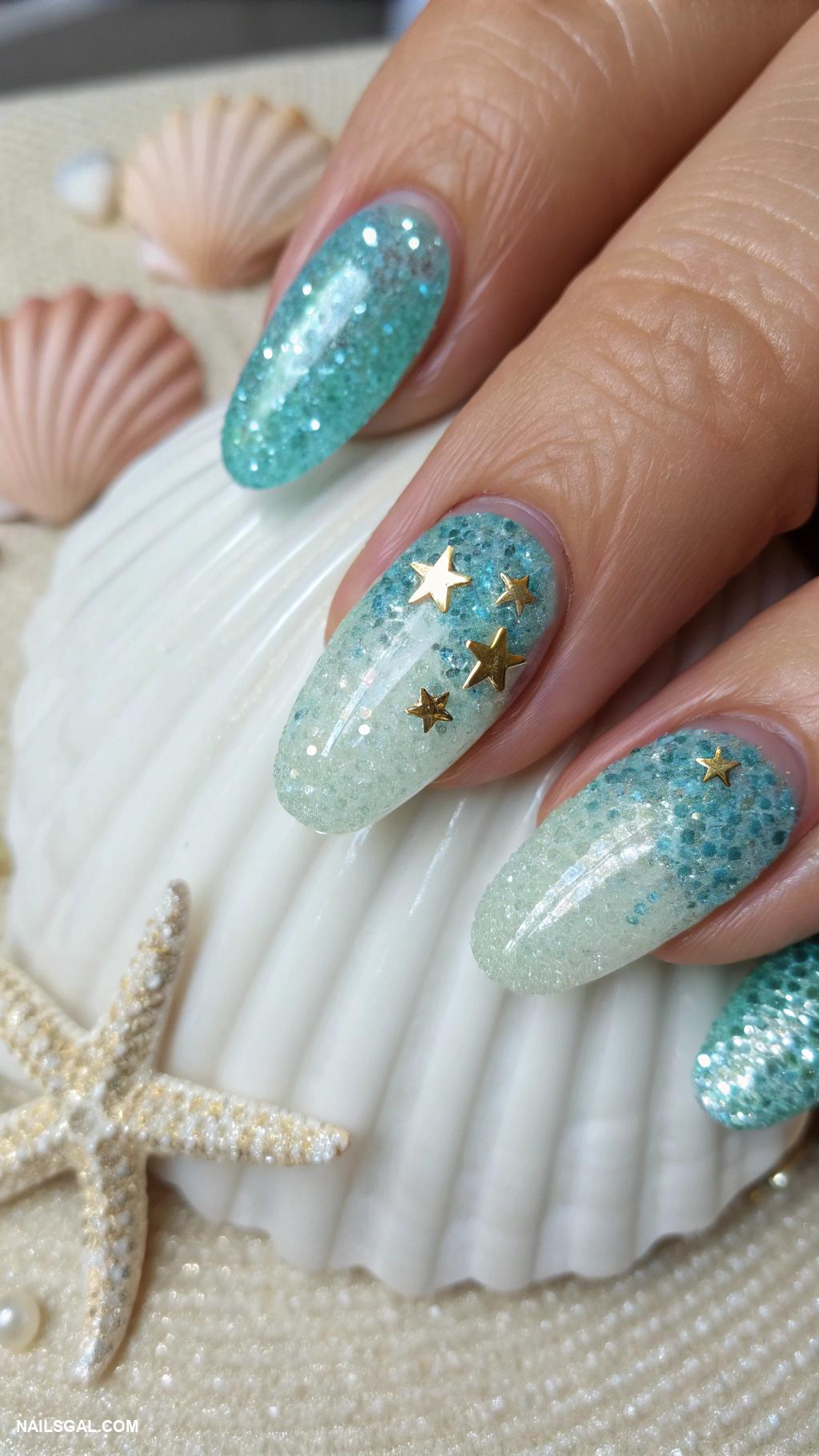 mermaid nails Glittery aqua with a pearl top coat