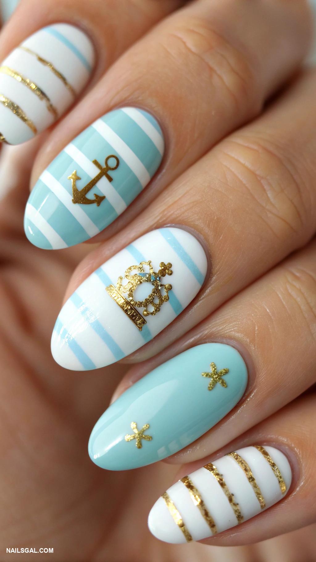 mermaid nails Nautical stripes with gold foil details