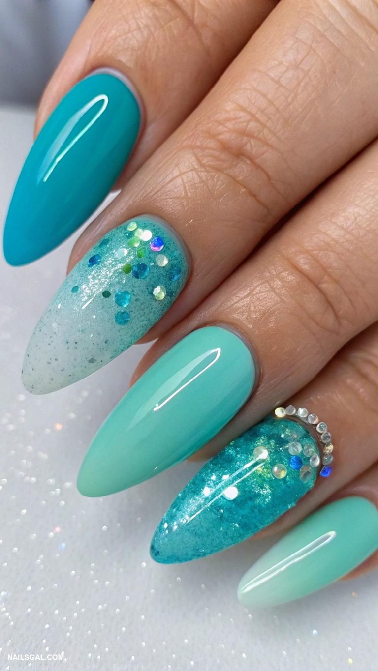 mermaid nails Ombre blue to green gradient finish