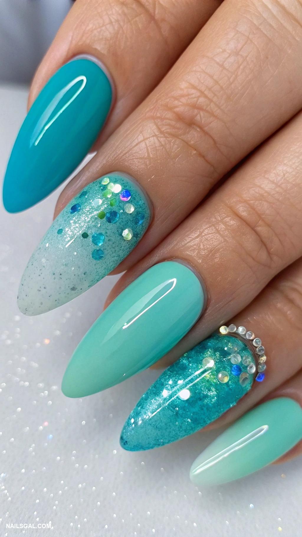 mermaid nails Ombre blue to green gradient finish