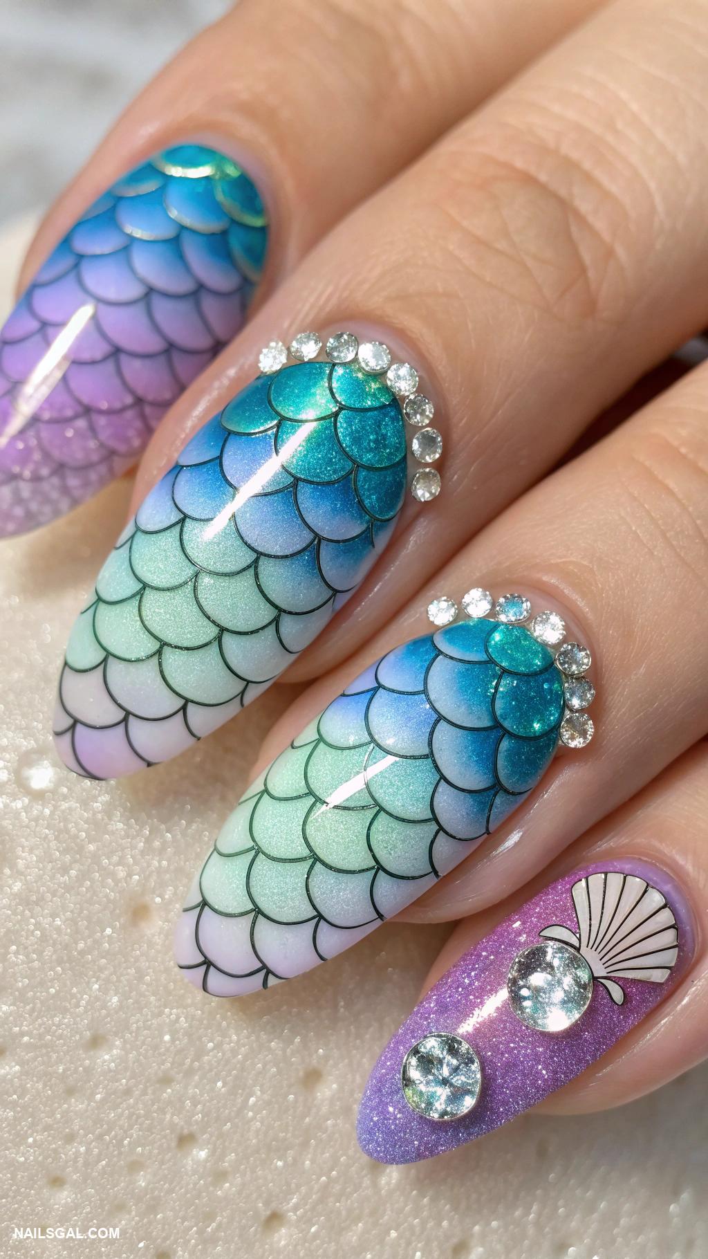 mermaid nails Scales design with rhinestone accents