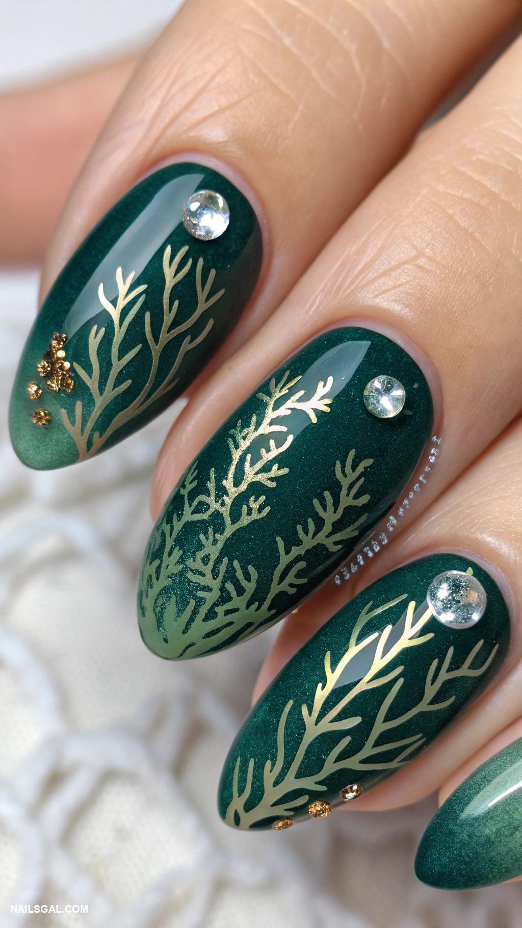 mermaid nails Seaweed designs in dark green tones