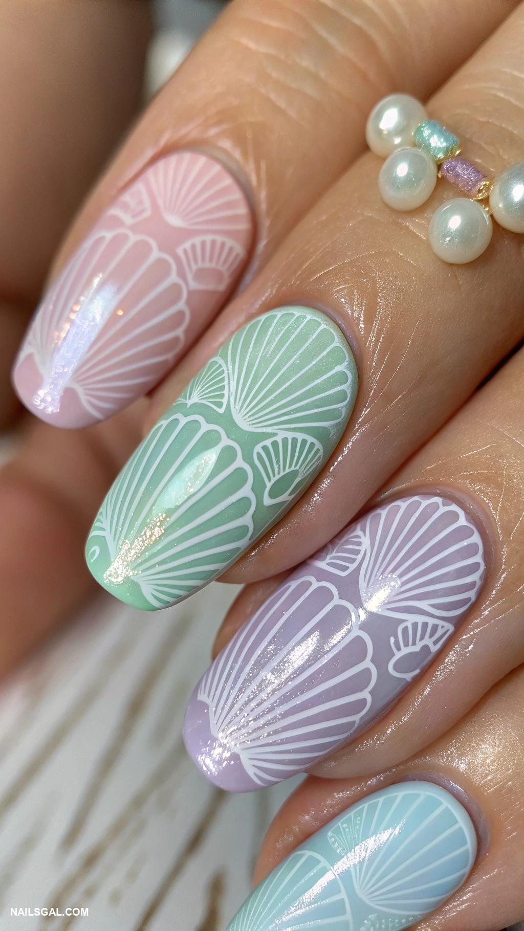 mermaid nails Shell patterns with soft pastel colors