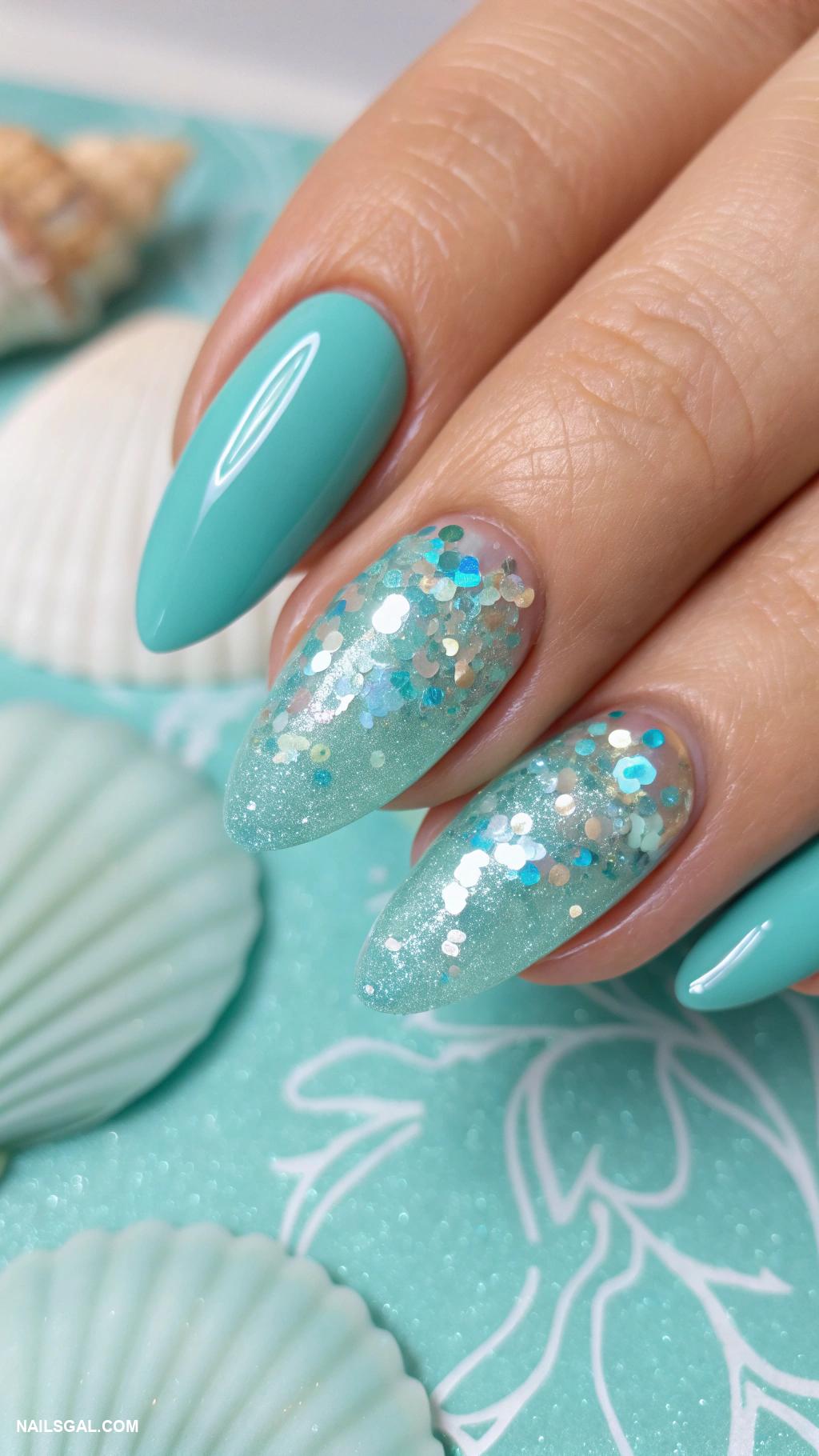 mermaid nails Translucent teal with holographic shimmer