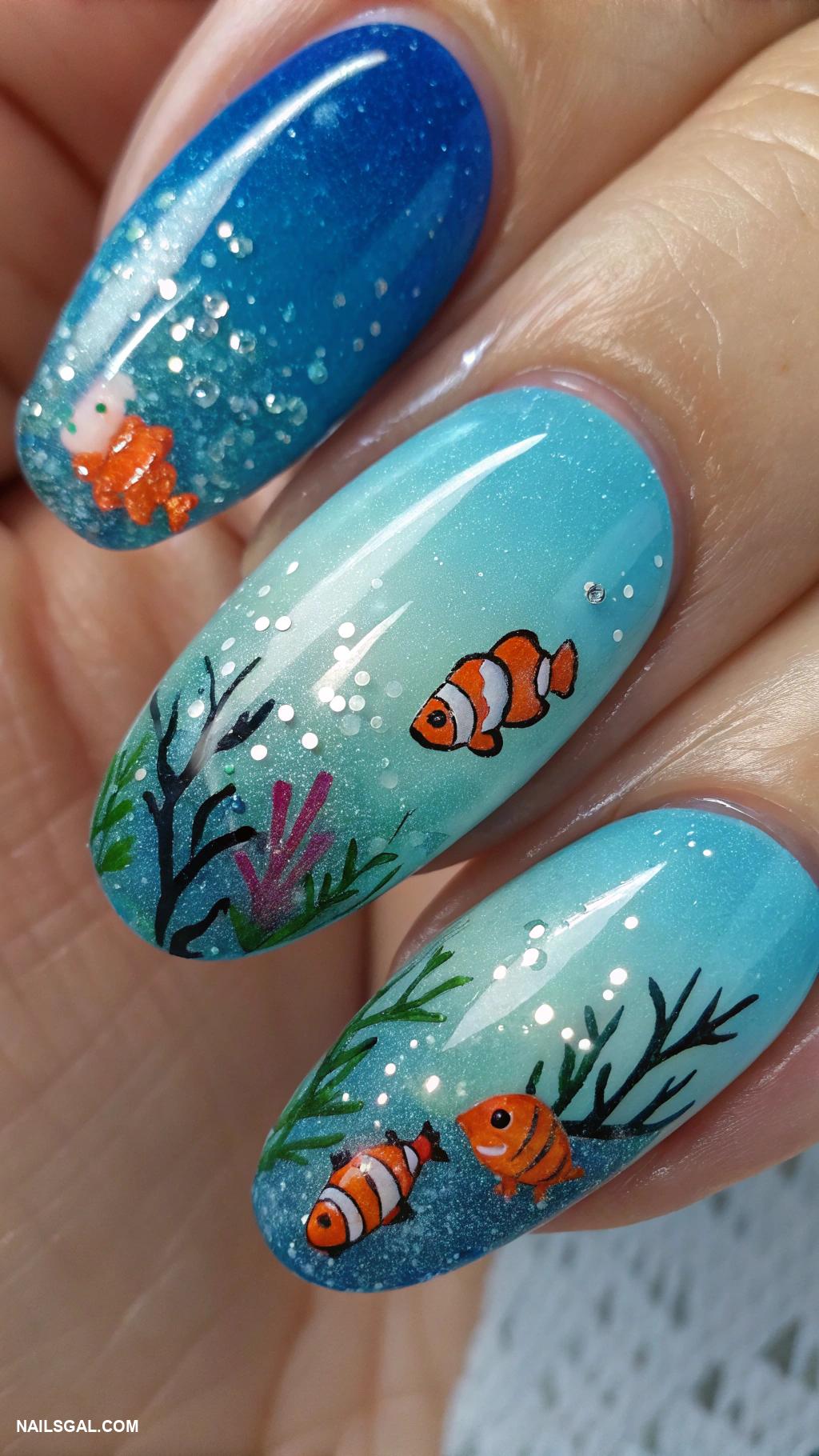 mermaid nails Underwater scene with tiny fish and bubbles