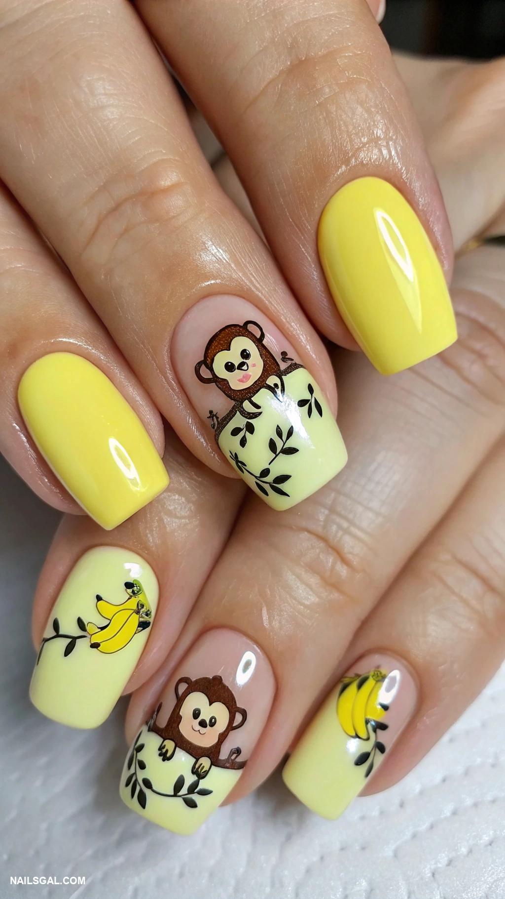 monkey nails Banana yellow base with monkey decals
