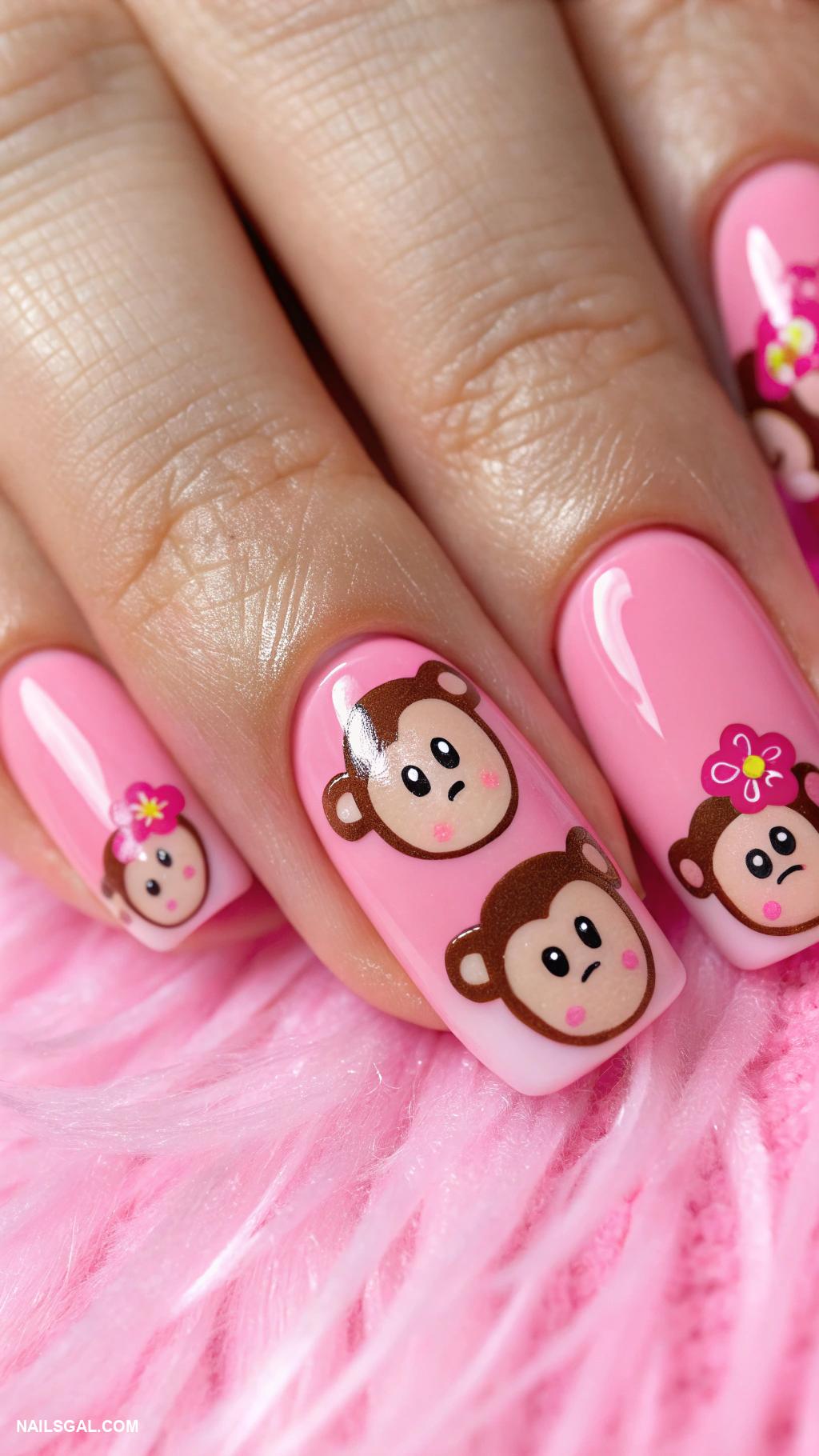 monkey nails Bright pink nails with monkey ears art
