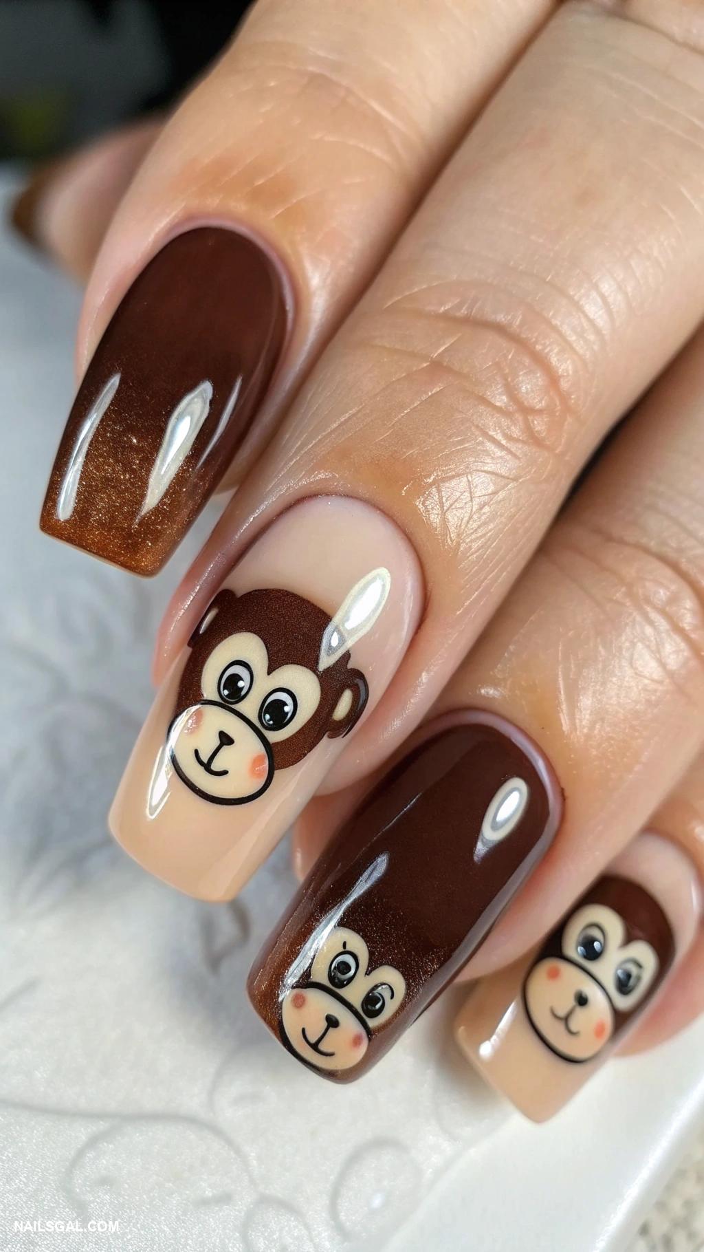 monkey nails Brown ombre nails with monkey face art