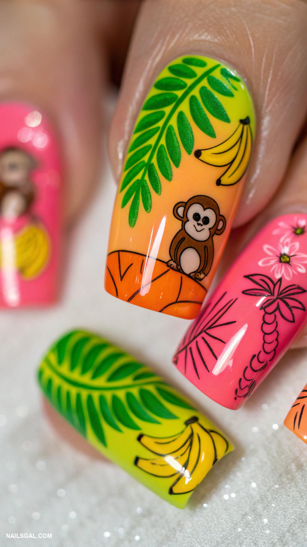 monkey nails Colorful tropical nails with monkey accents