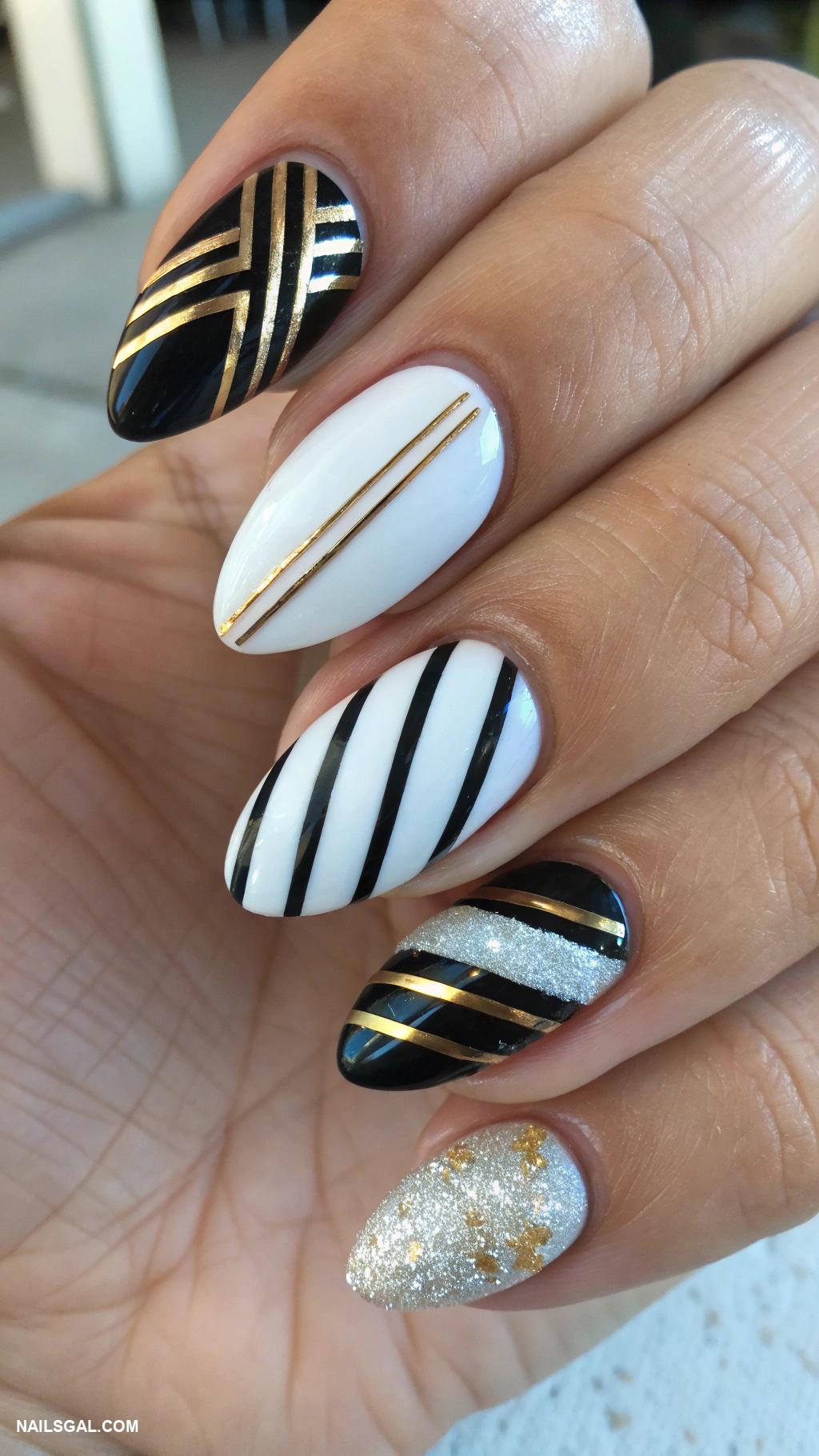 new years eve nails Bold stripes in black white and gold