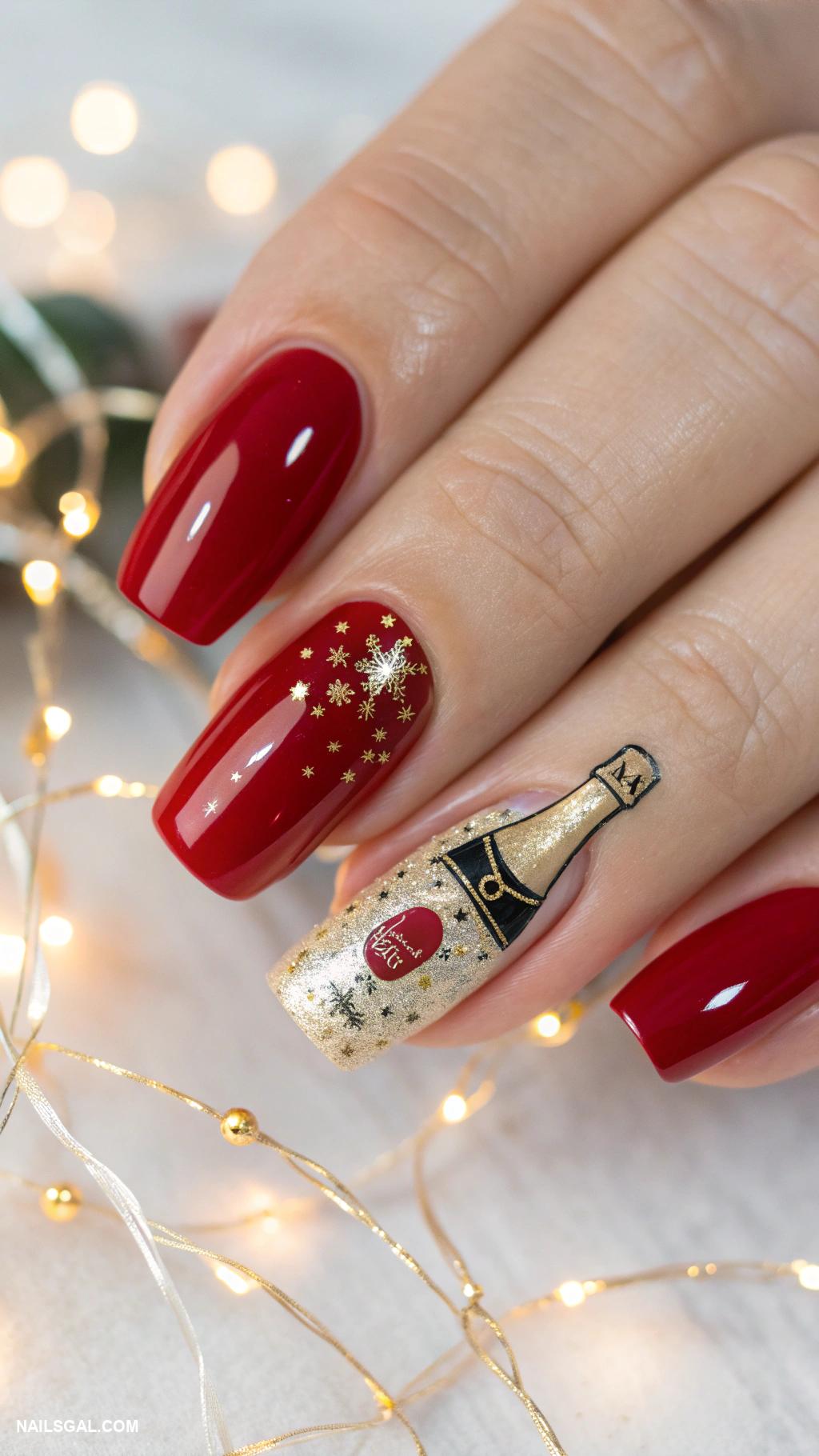 new years eve nails Festive red with champagne bottle accent