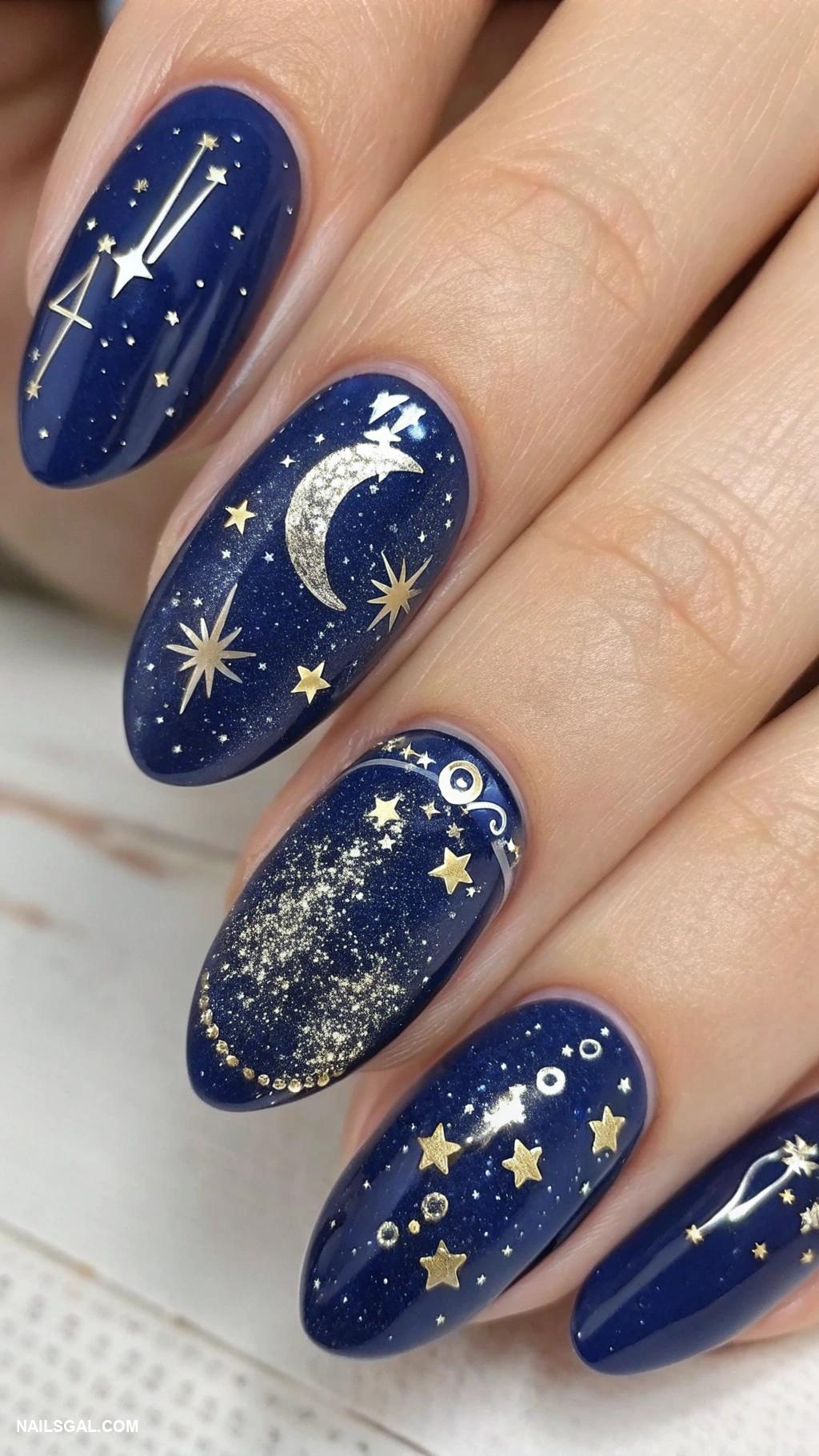 new years eve nails Starry night sky with deep blue base