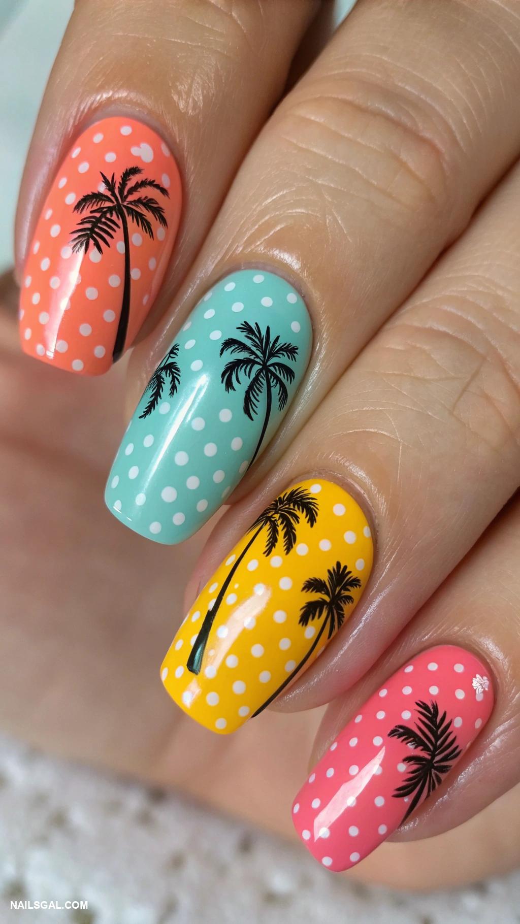 palm tree nail art Colorful polka dots and palm designs