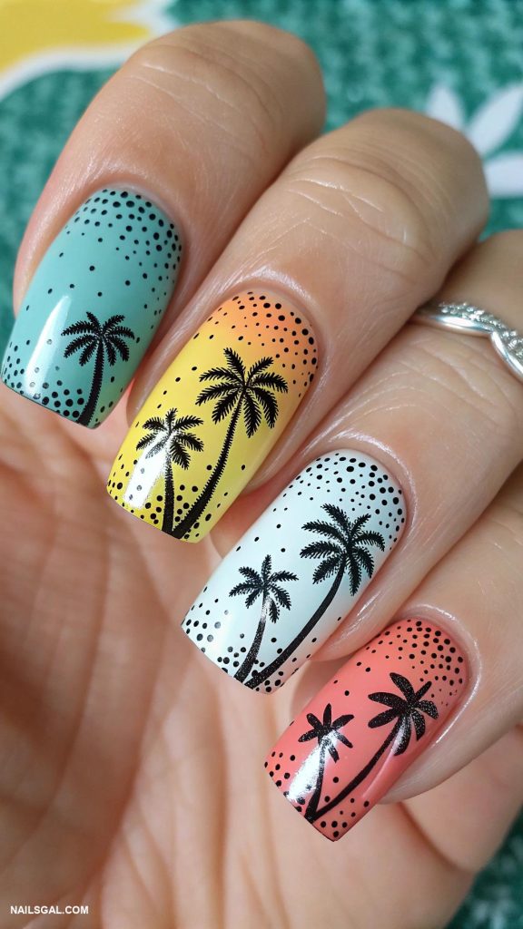 palm tree nail art Dotted palm art with vibrant colors