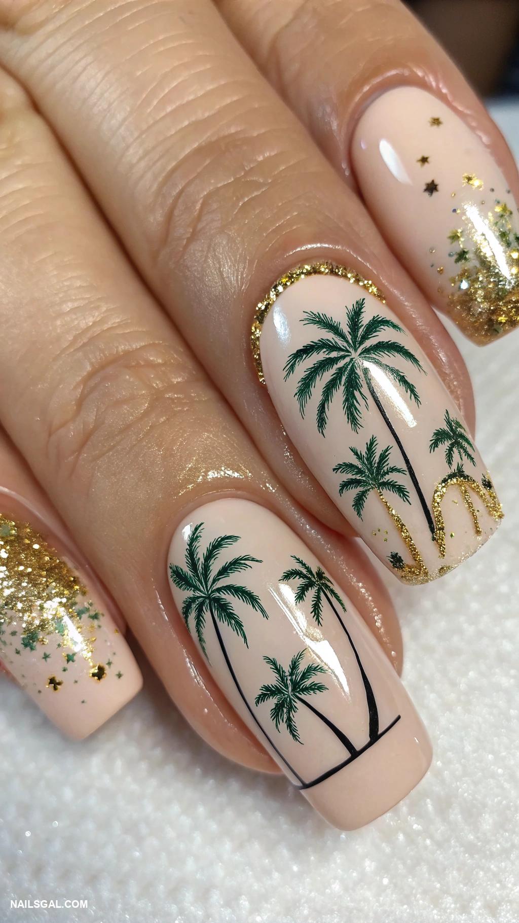 palm tree nail art Glittery palms on nude background
