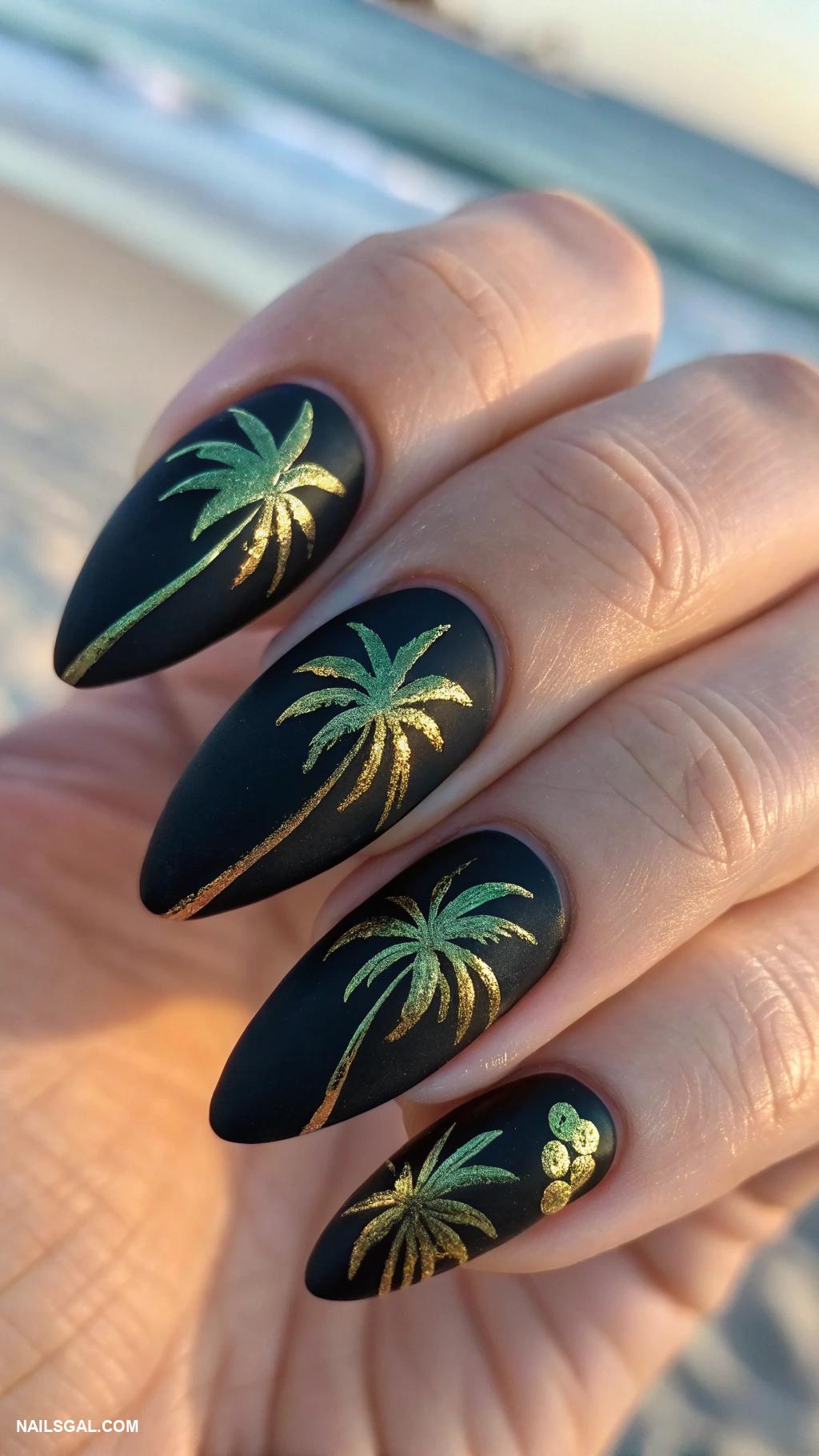 palm tree nail art Matte black with glossy palm accents