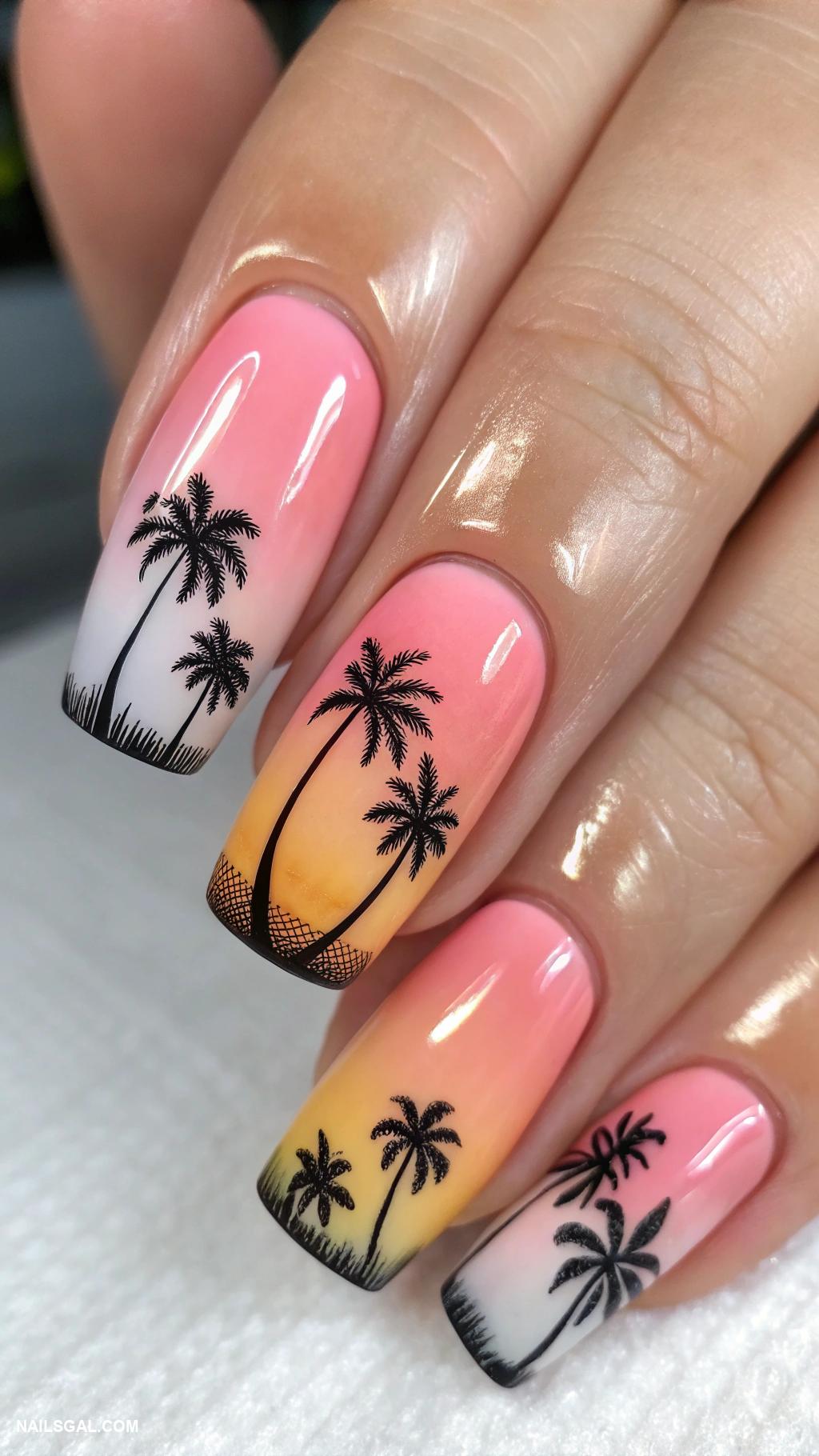 palm tree nail art Ombre effect with palm tree tips