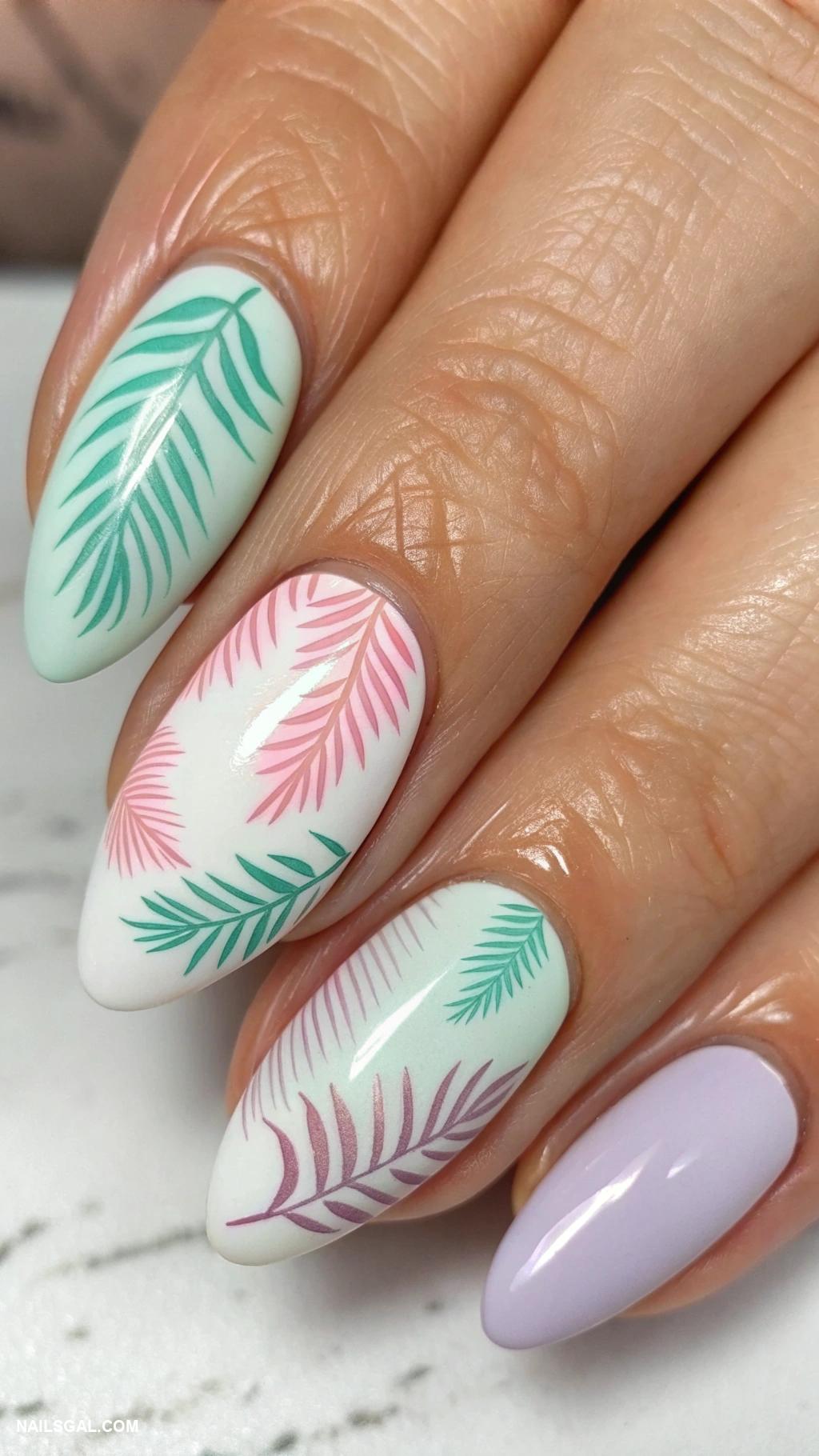 palm tree nail art Pastel palm leaves on white base