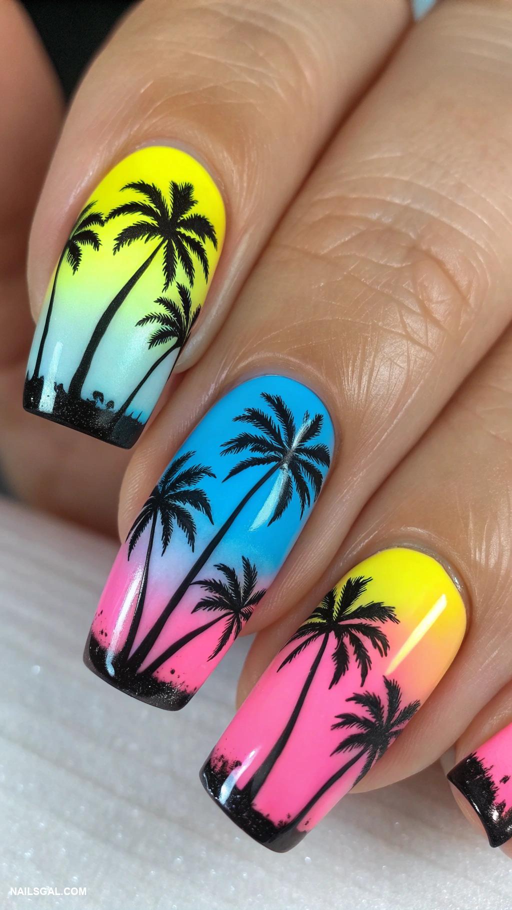 palm tree nail art Retro neon palms on dark backdrop