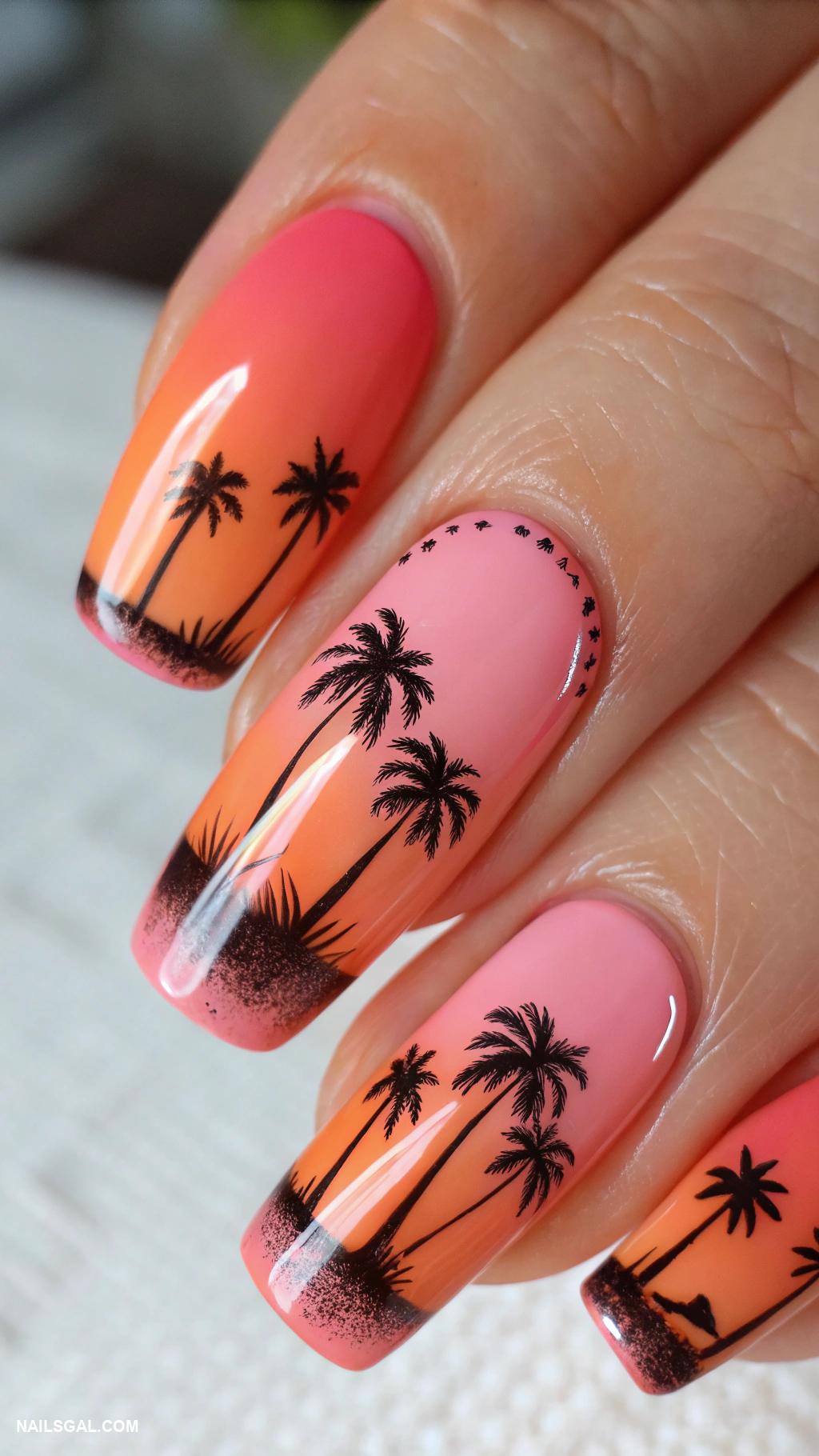 palm tree nail art Sunset gradient with palm silhouettes