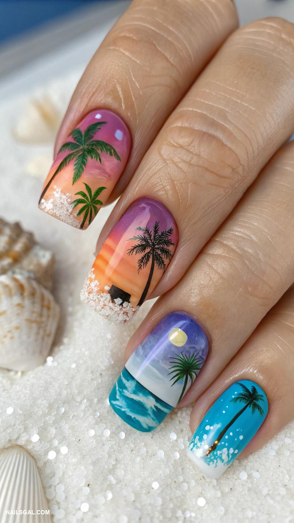 palm tree nail art Tropical beach scene with palm trees