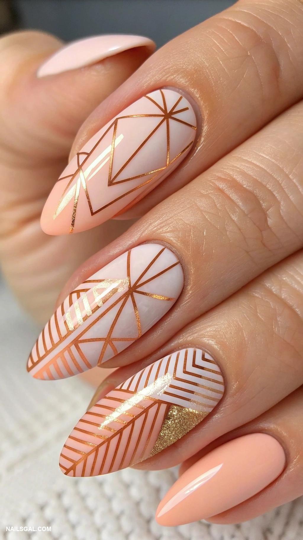 peach nails Geometric patterns in peach and nude