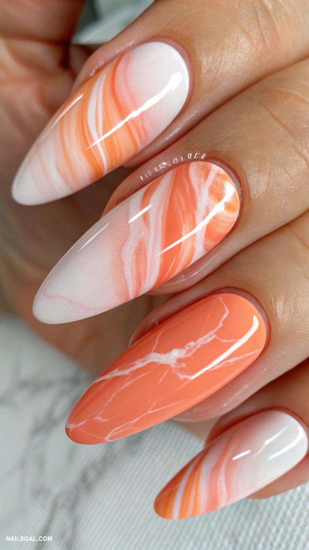 peach nails Marble effect with peach swirls