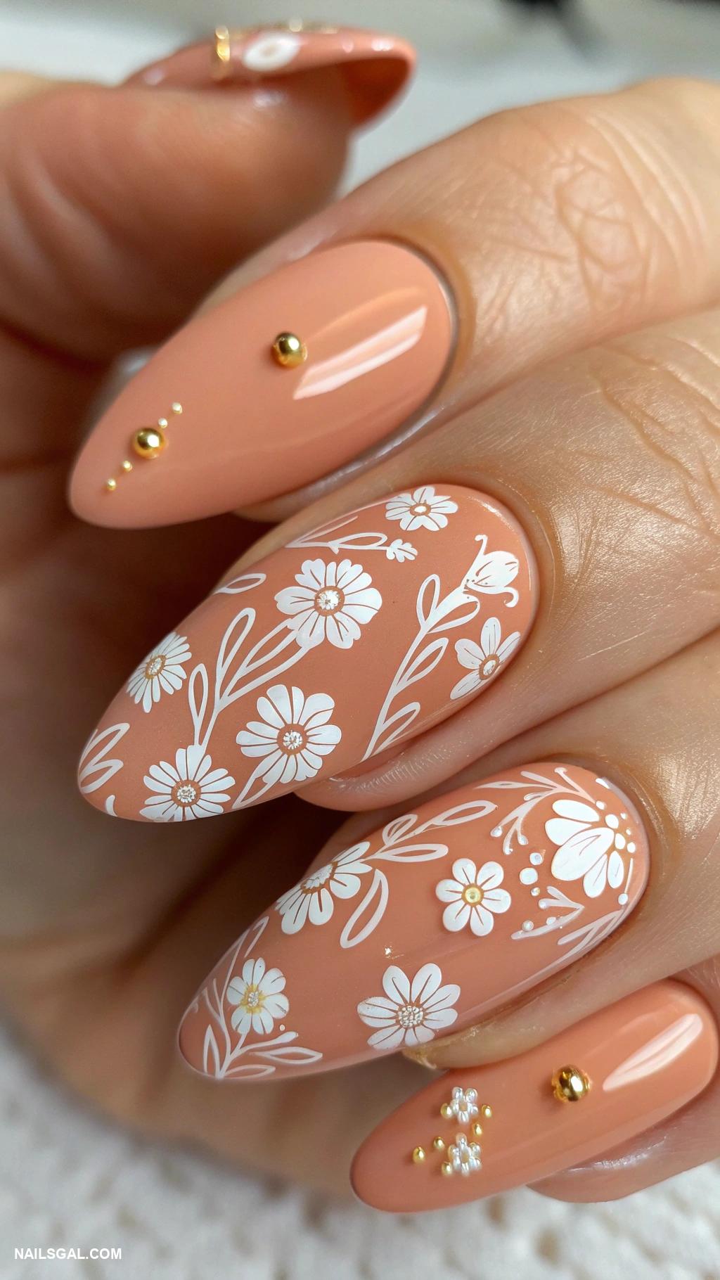 peach nails Peach and white floral accents