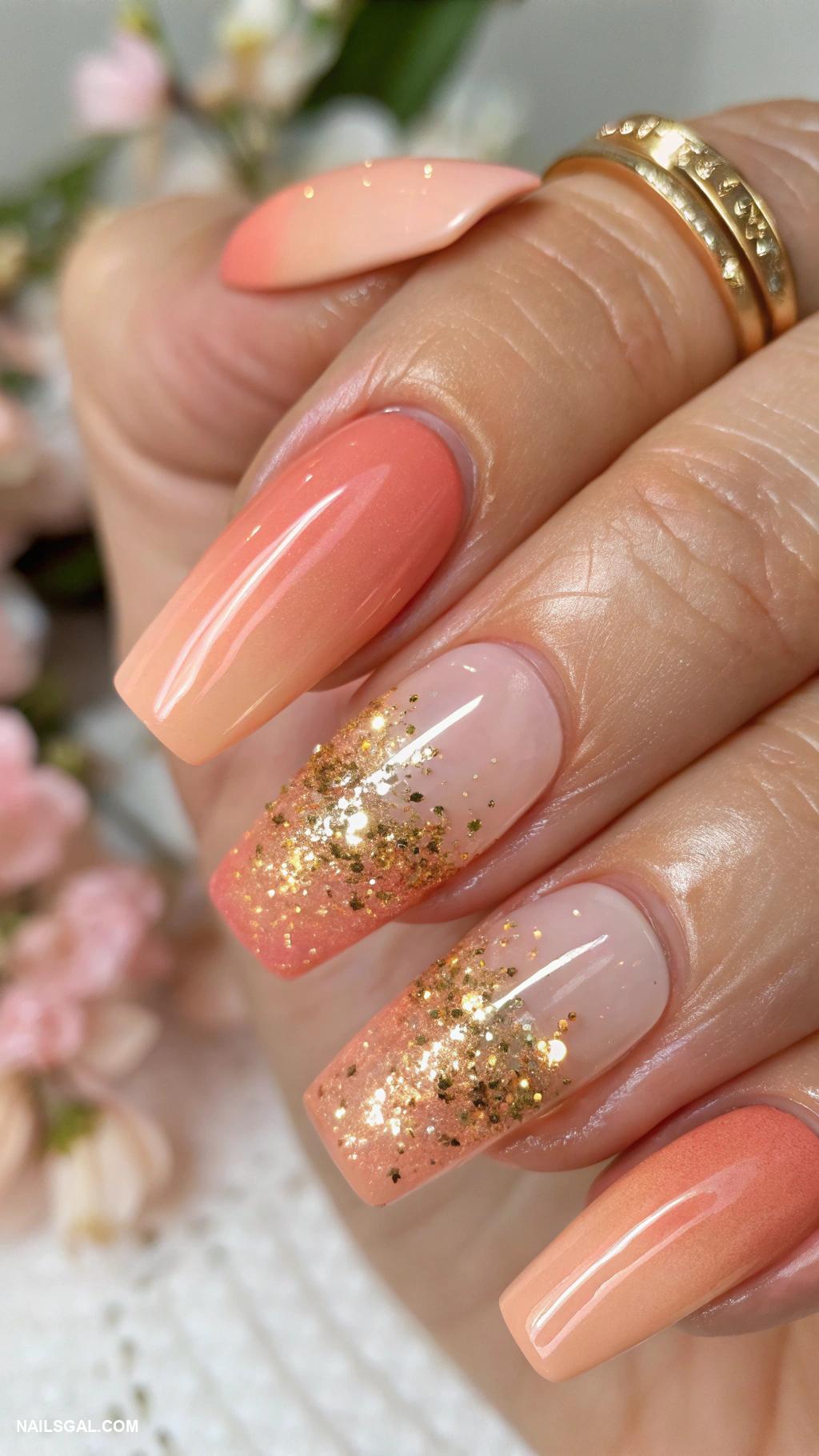 peach nails Peach ombre with gold glitter tips