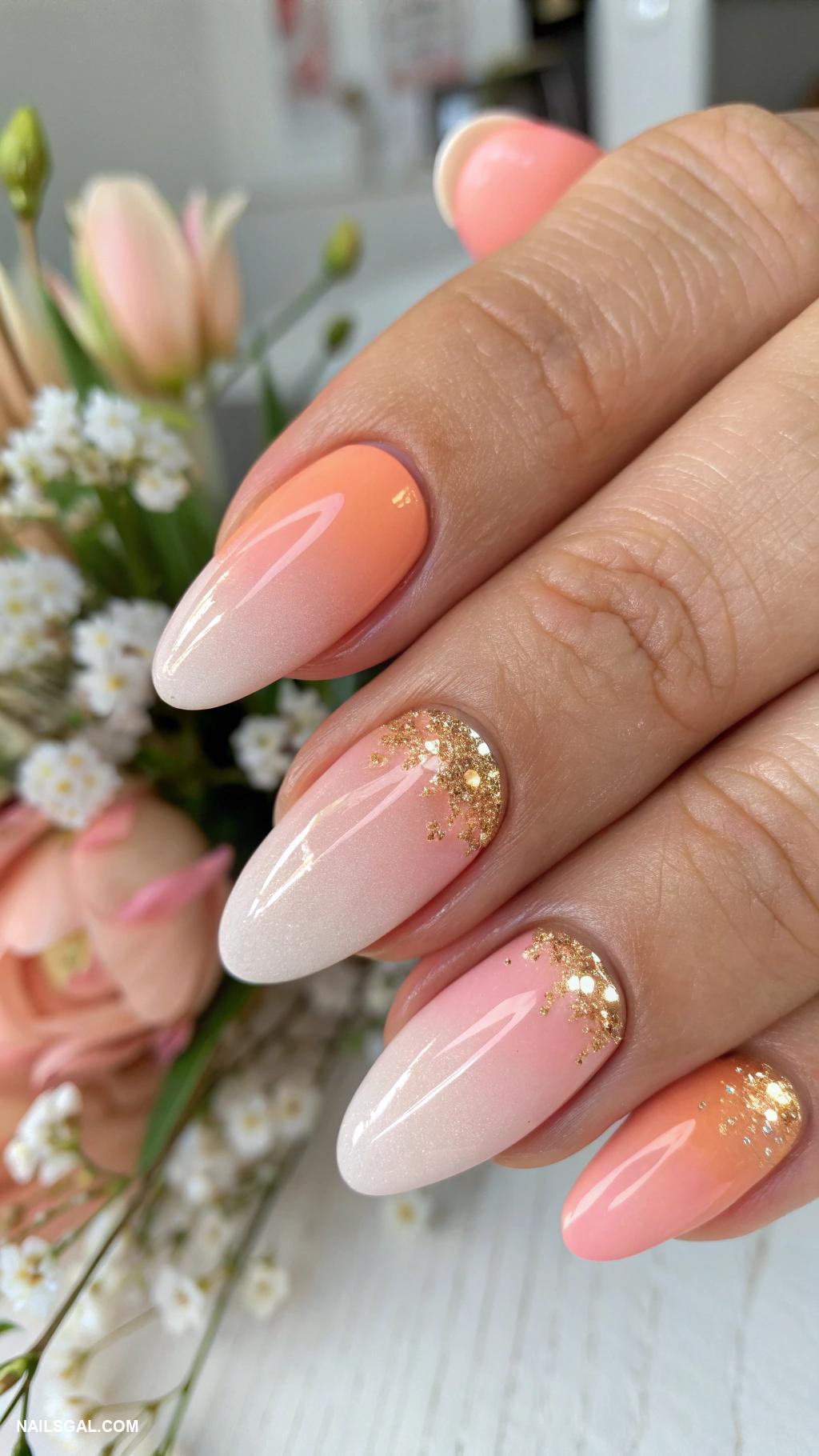 peach nails Peach ombre with gold tips