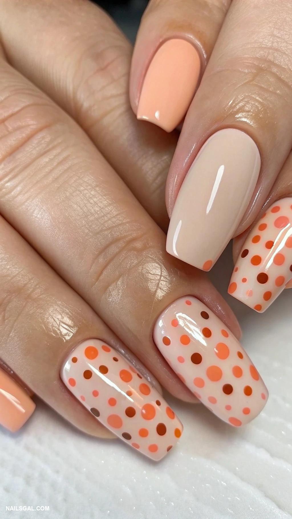 peach nails Peach polka dots on nude base