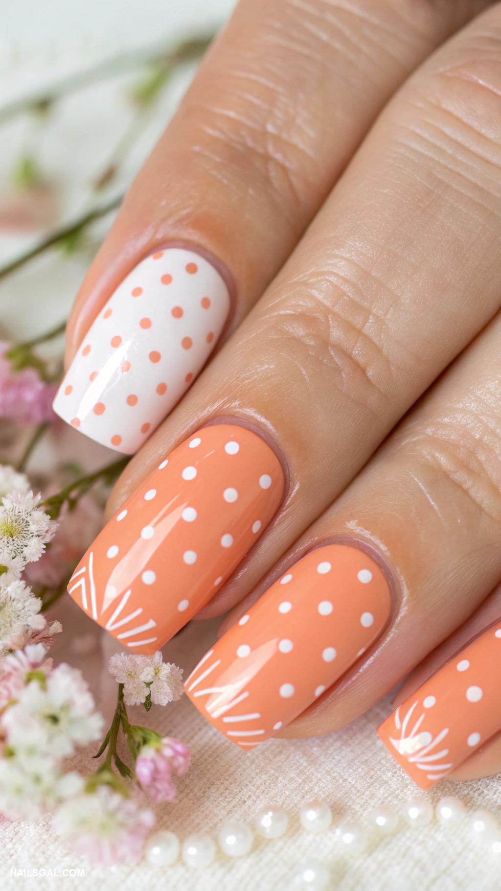 peach nails Polka dots on peach base