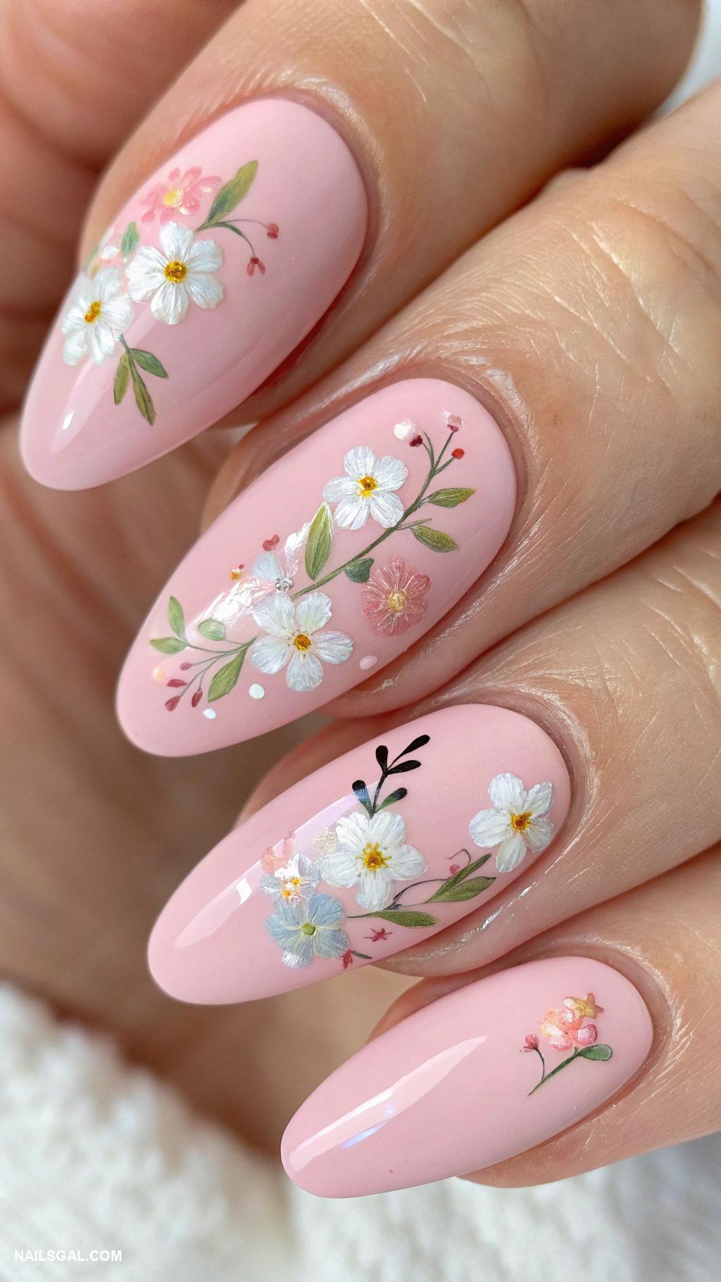 preppy nails Bubblegum pink with floral accents