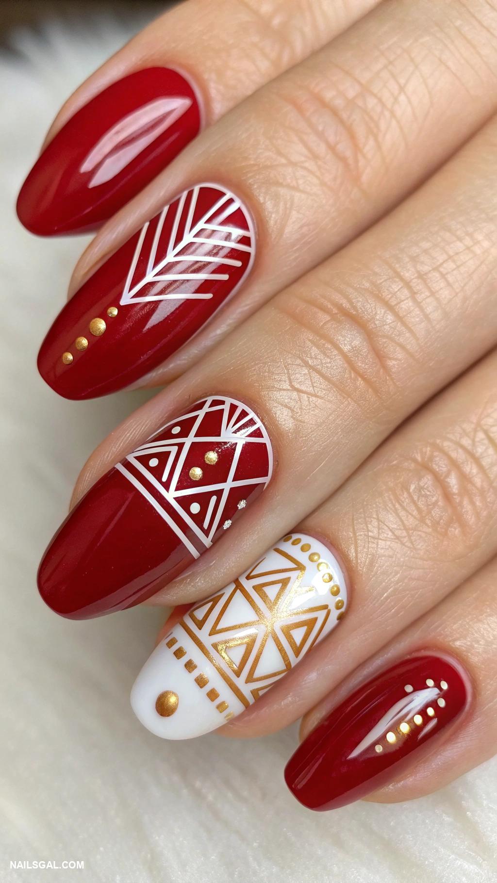 preppy nails Classic red with geometric shapes