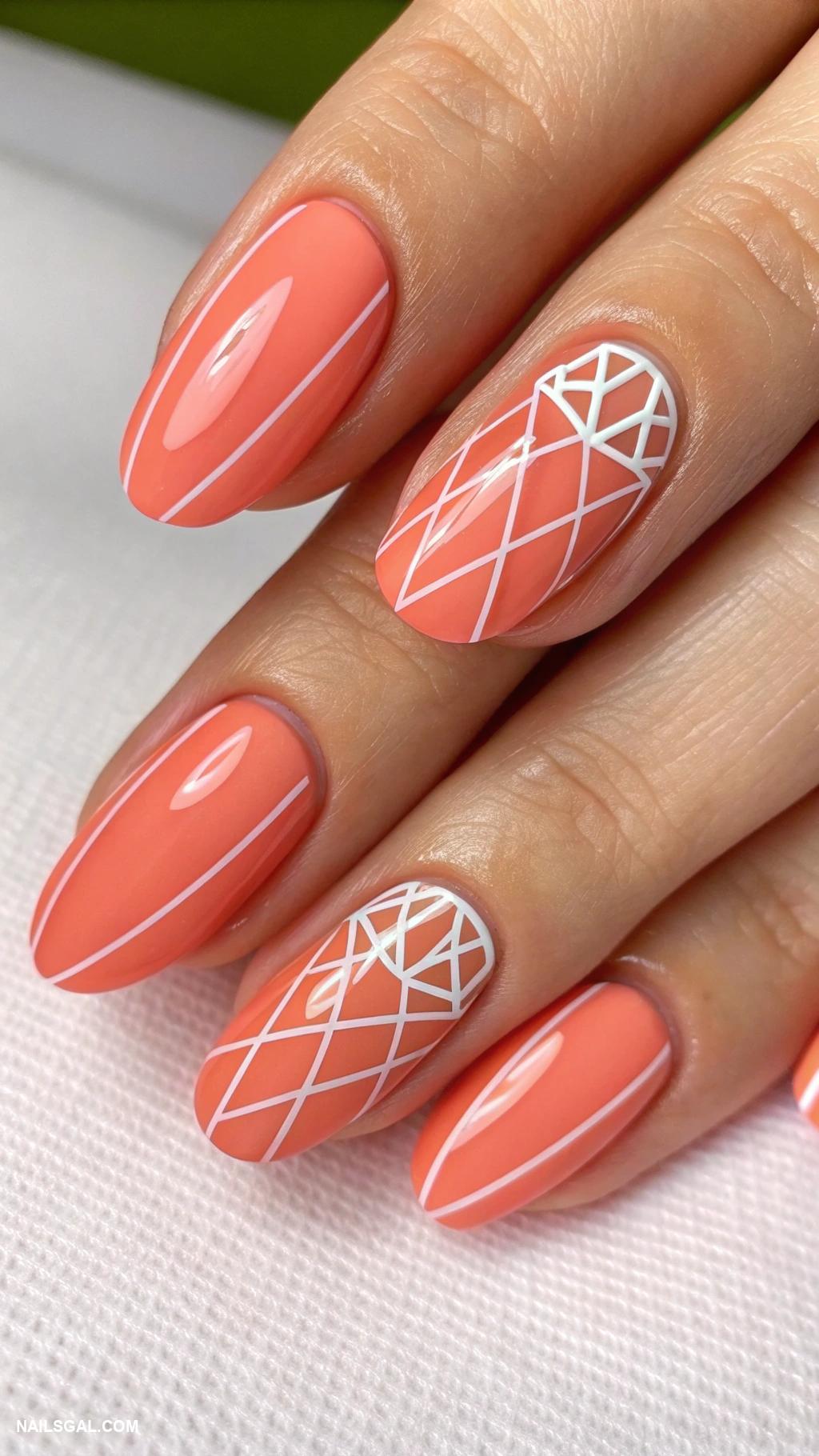 preppy nails Coral tips with thin white lines