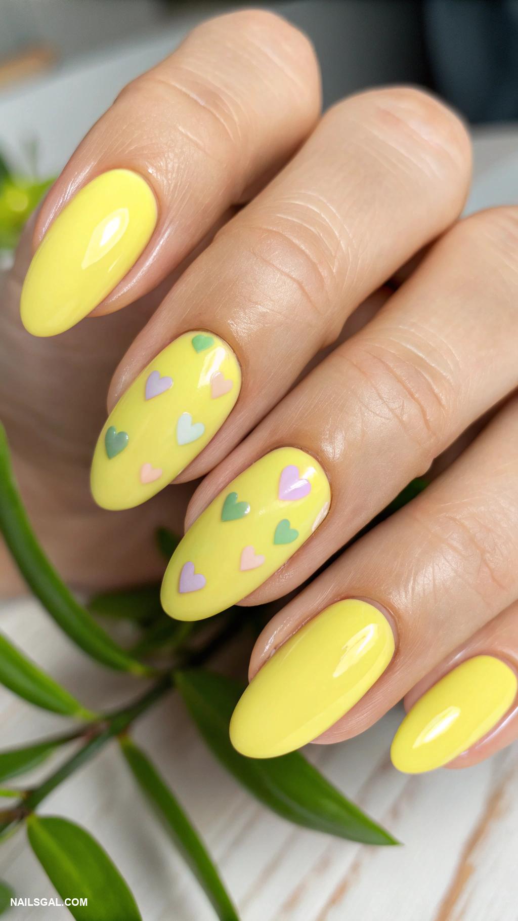 preppy nails Lemon yellow with tiny hearts