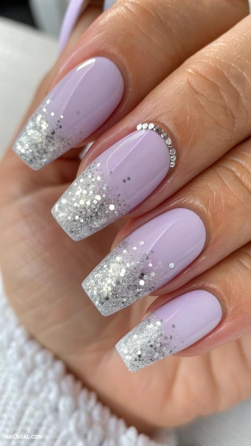 preppy nails Light lavender with silver glitter