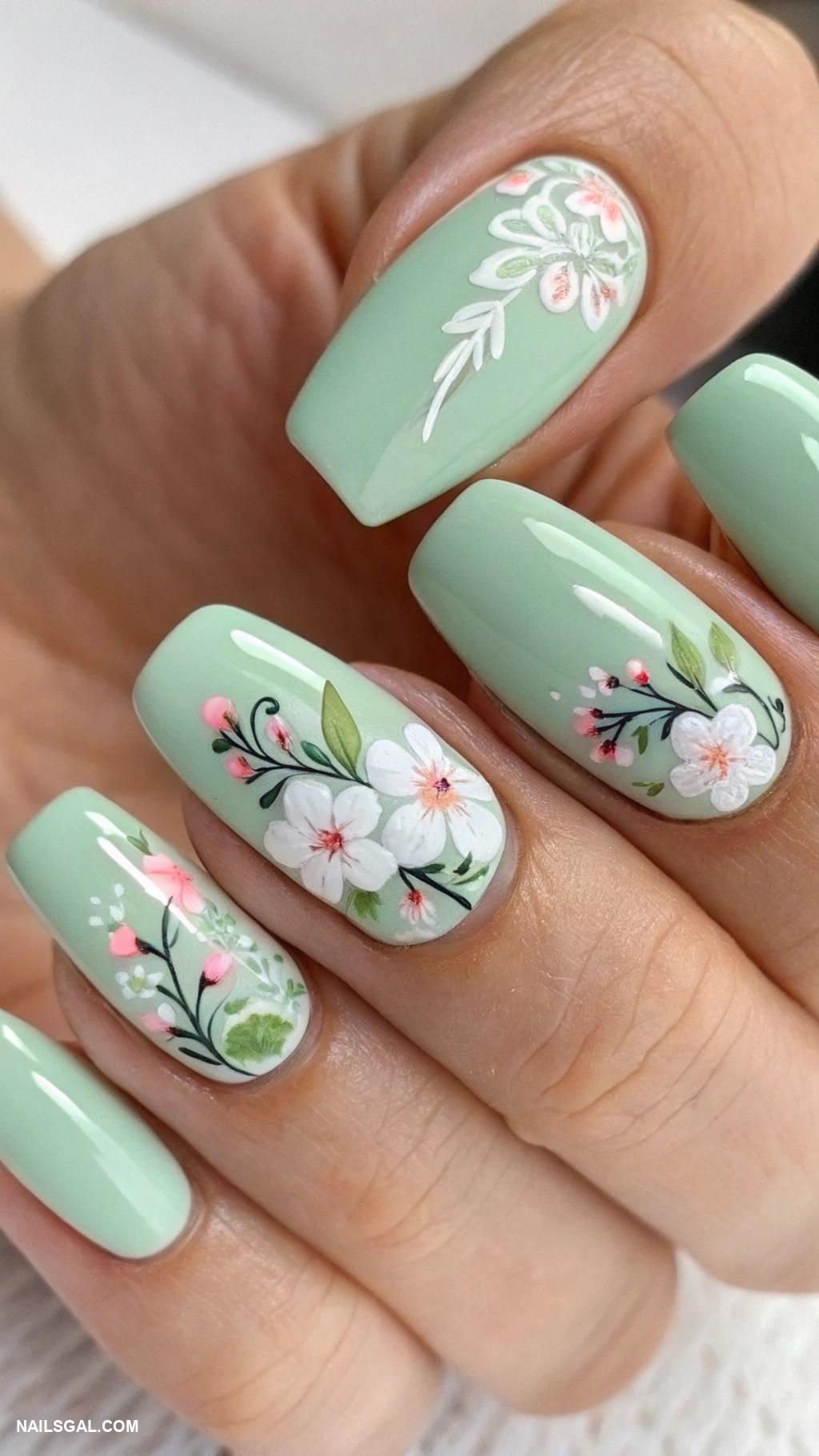 preppy nails Mint green with floral detailing