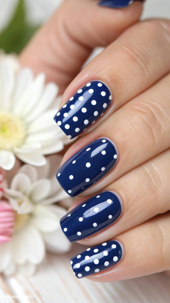 preppy nails Navy blue with white polka dots