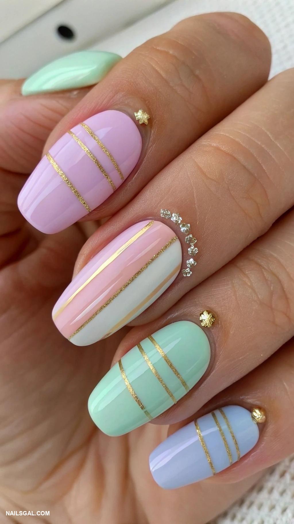 preppy nails Pastel stripes with gold accents