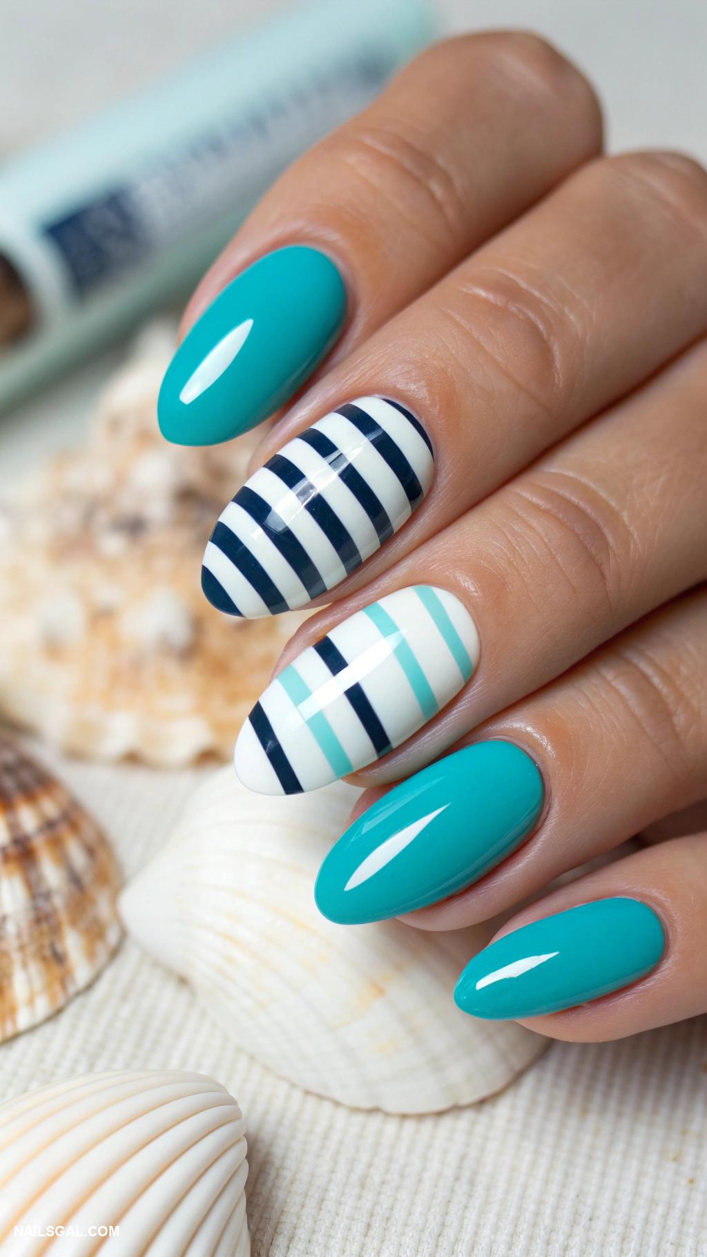 preppy nails Turquoise with nautical stripes