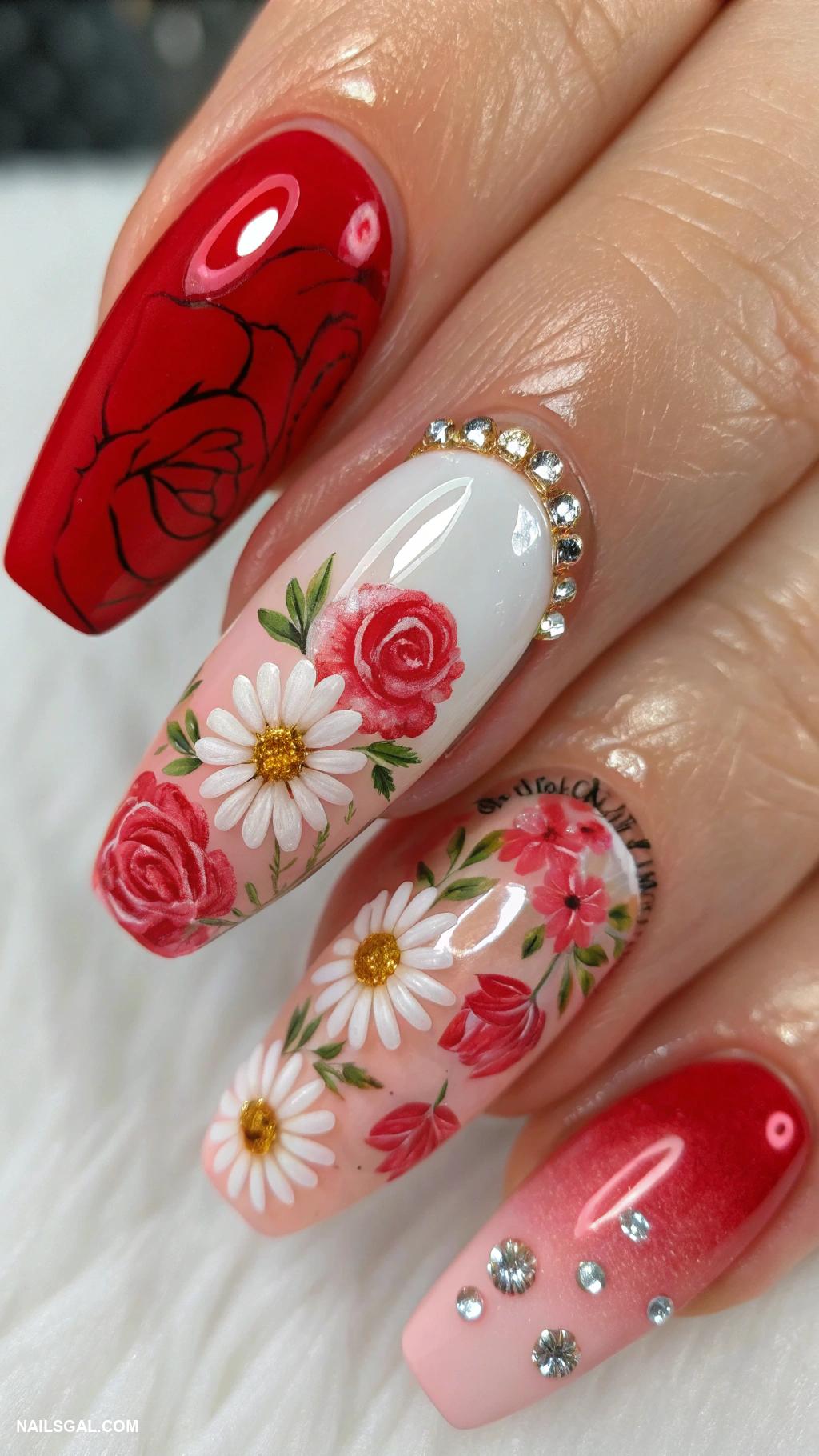red and pink nails Floral designs with red accents