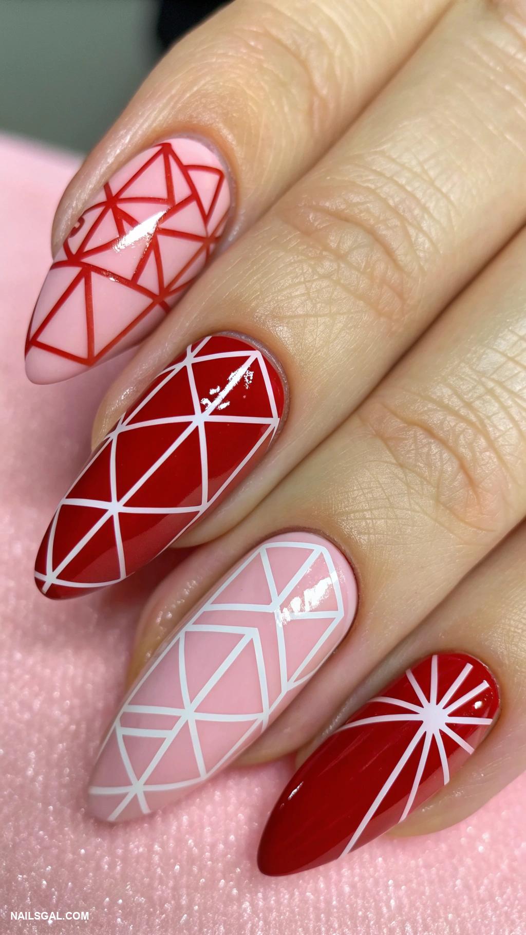 red and pink nails Geometric shapes in red and pink