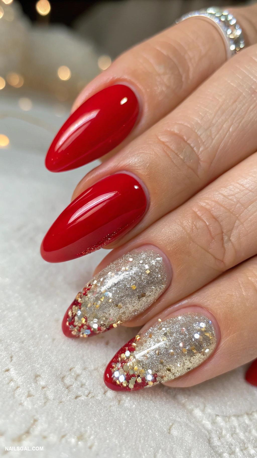 red and pink nails Glitter tips on solid red nails