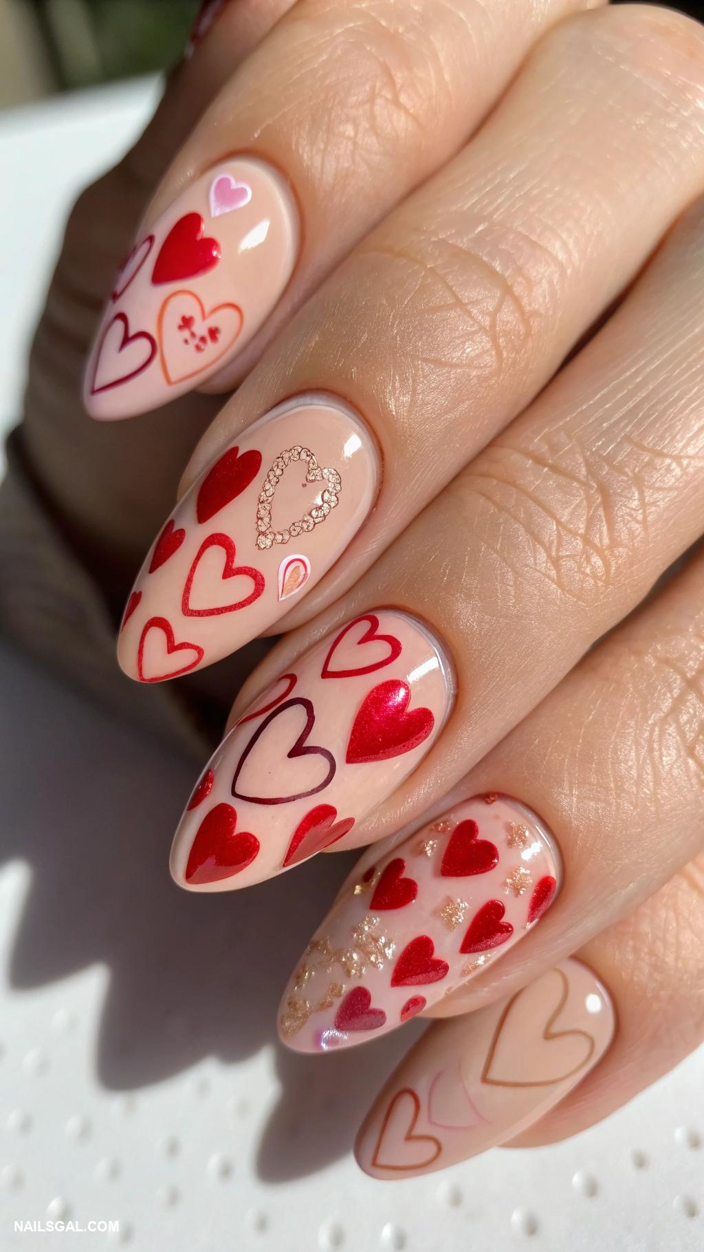 red and pink nails Heart patterns on nude base