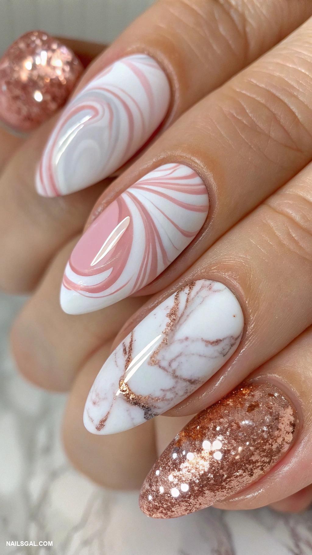 red and pink nails Marble effect with pink and white